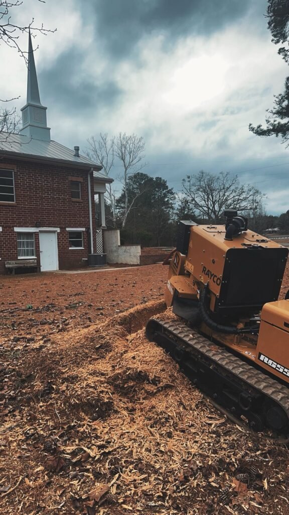 Stump grinder positioned in front of a church in Fort Valley, GA