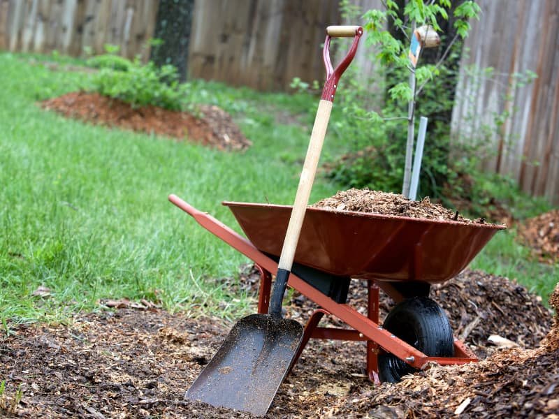Wheelbarrow with mulch and shovel in freshly landscaped yard – residential landscaping in Warner Robins, GA